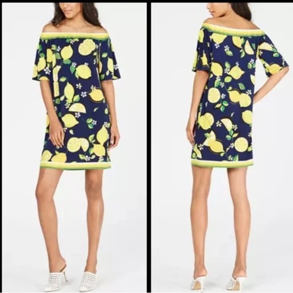 NWT Trina Turk lemon dress medium off the shoulder navy yellow - Picture 4 of 8